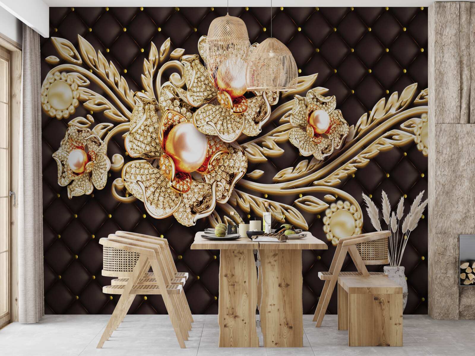 Фотошпалери золоті квіти, прикрашені дорогоцінним камінням