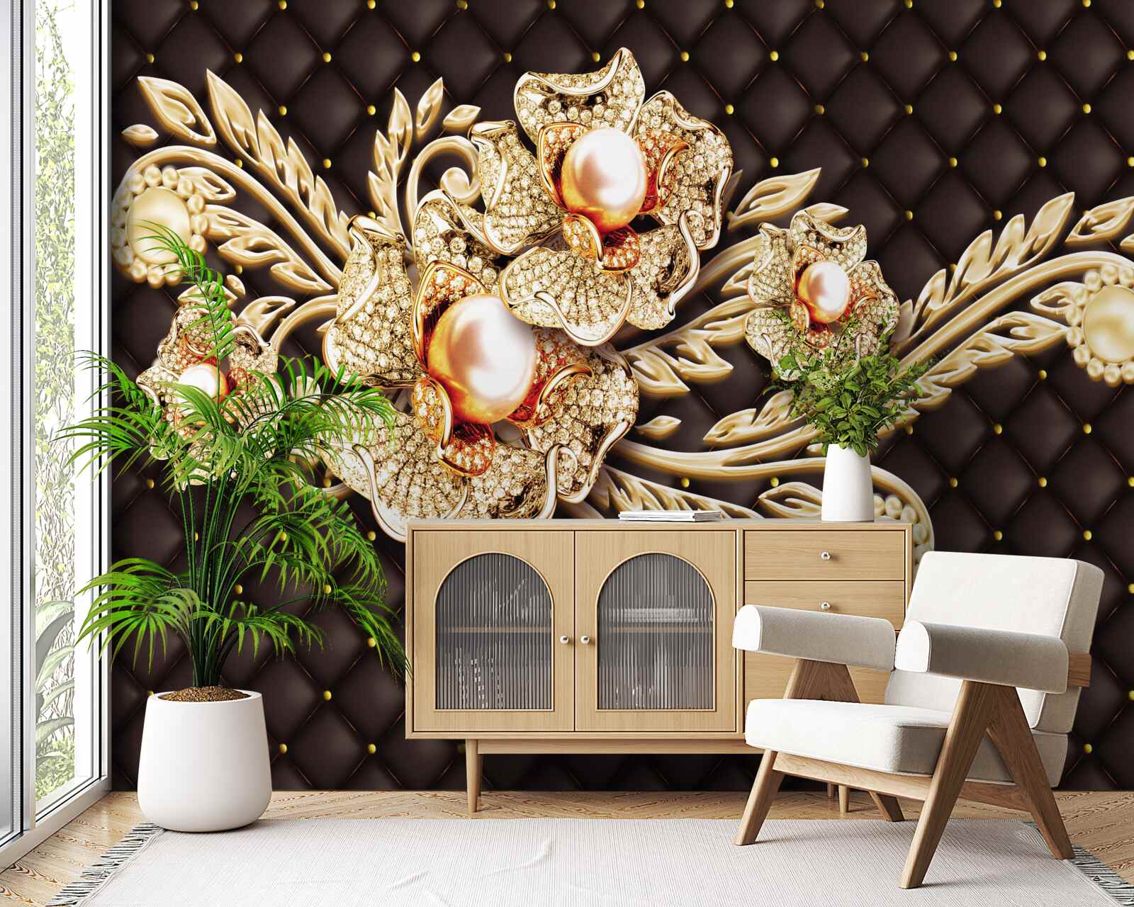 Фотошпалери золоті квіти, прикрашені дорогоцінним камінням