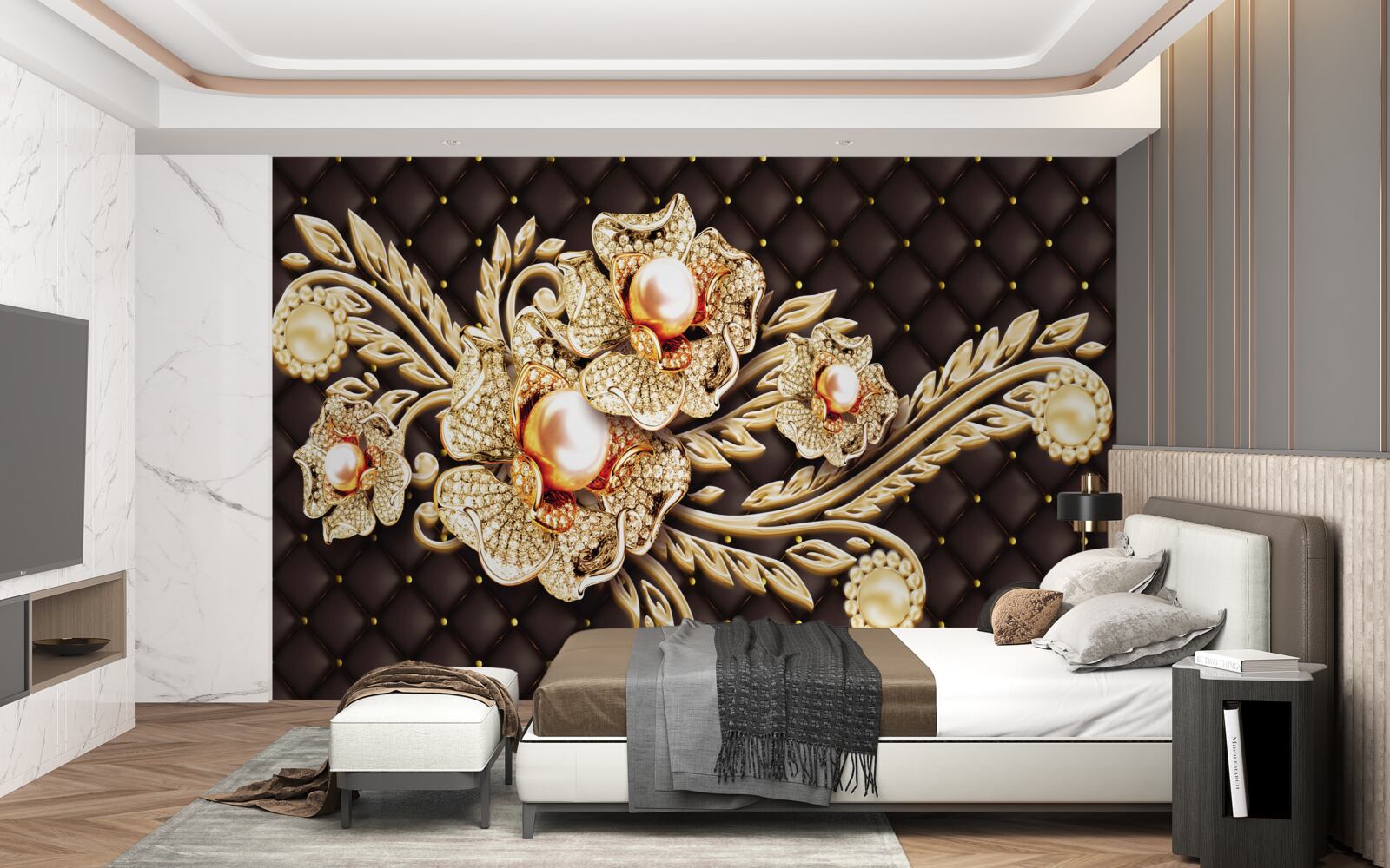 Фотошпалери золоті квіти, прикрашені дорогоцінним камінням