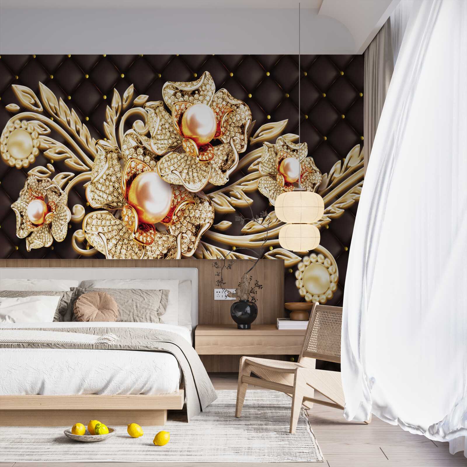 Фотошпалери золоті квіти, прикрашені дорогоцінним камінням