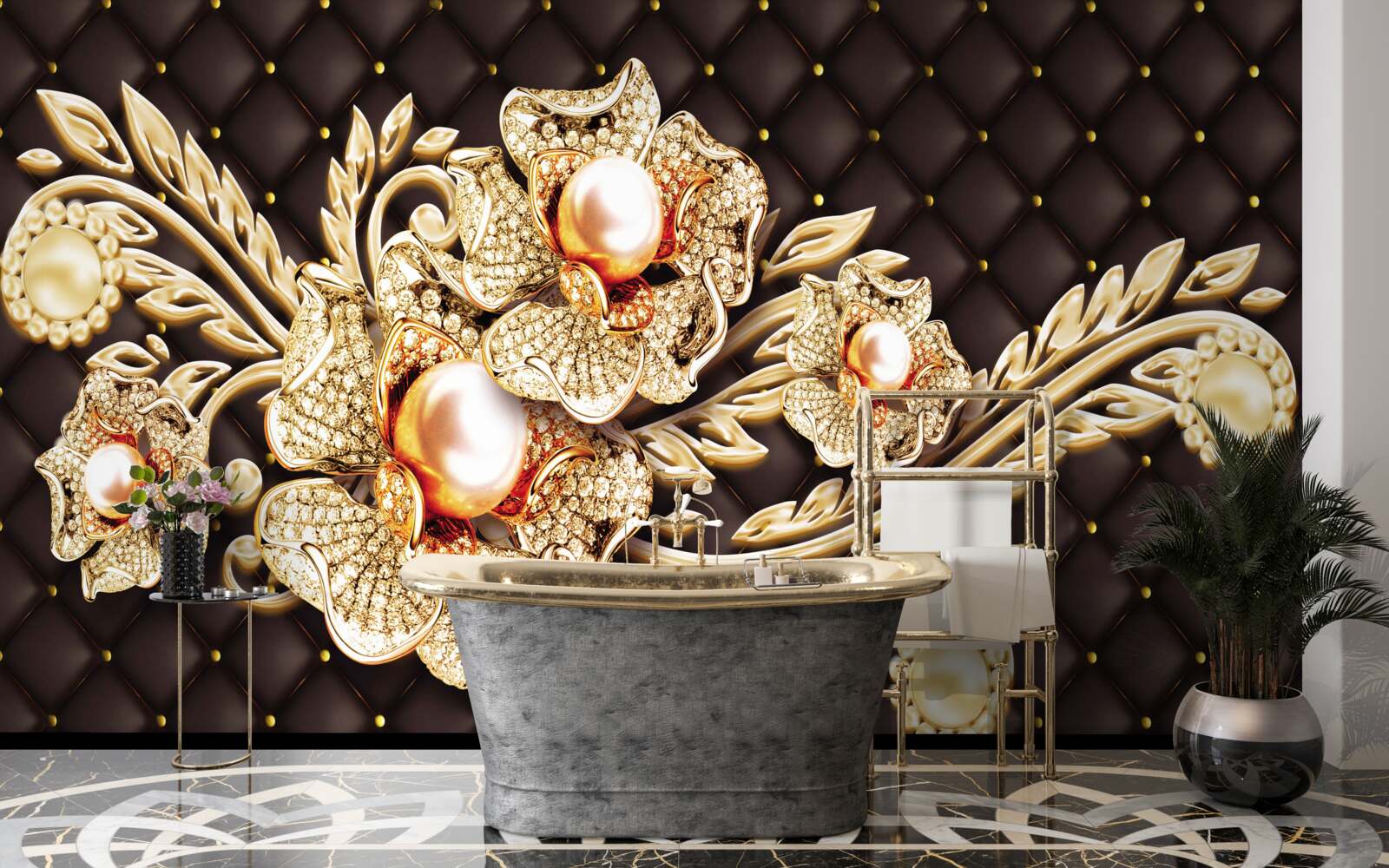 Фотошпалери золоті квіти, прикрашені дорогоцінним камінням