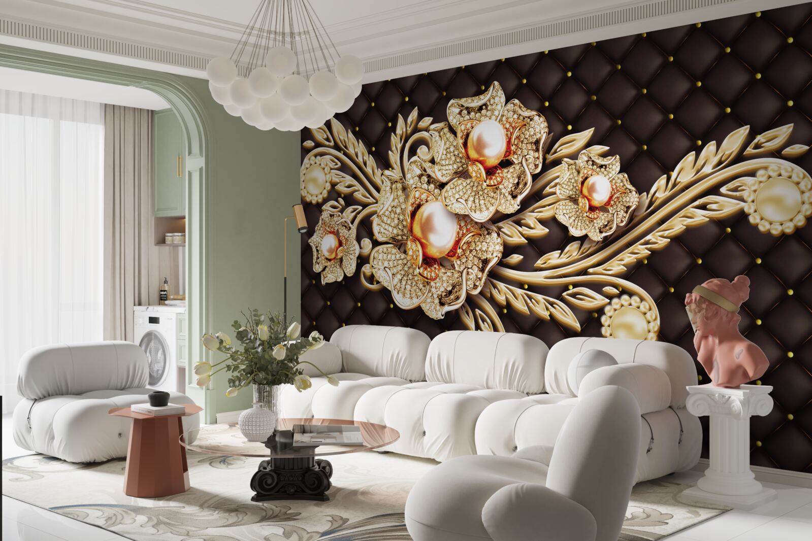 Фотошпалери золоті квіти, прикрашені дорогоцінним камінням