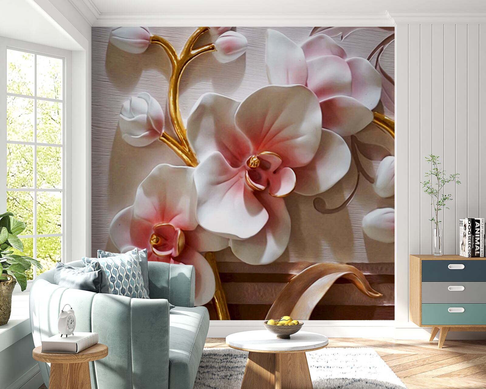 Фотошпалери квітучі величні орхідеї та нерозкриті бутони