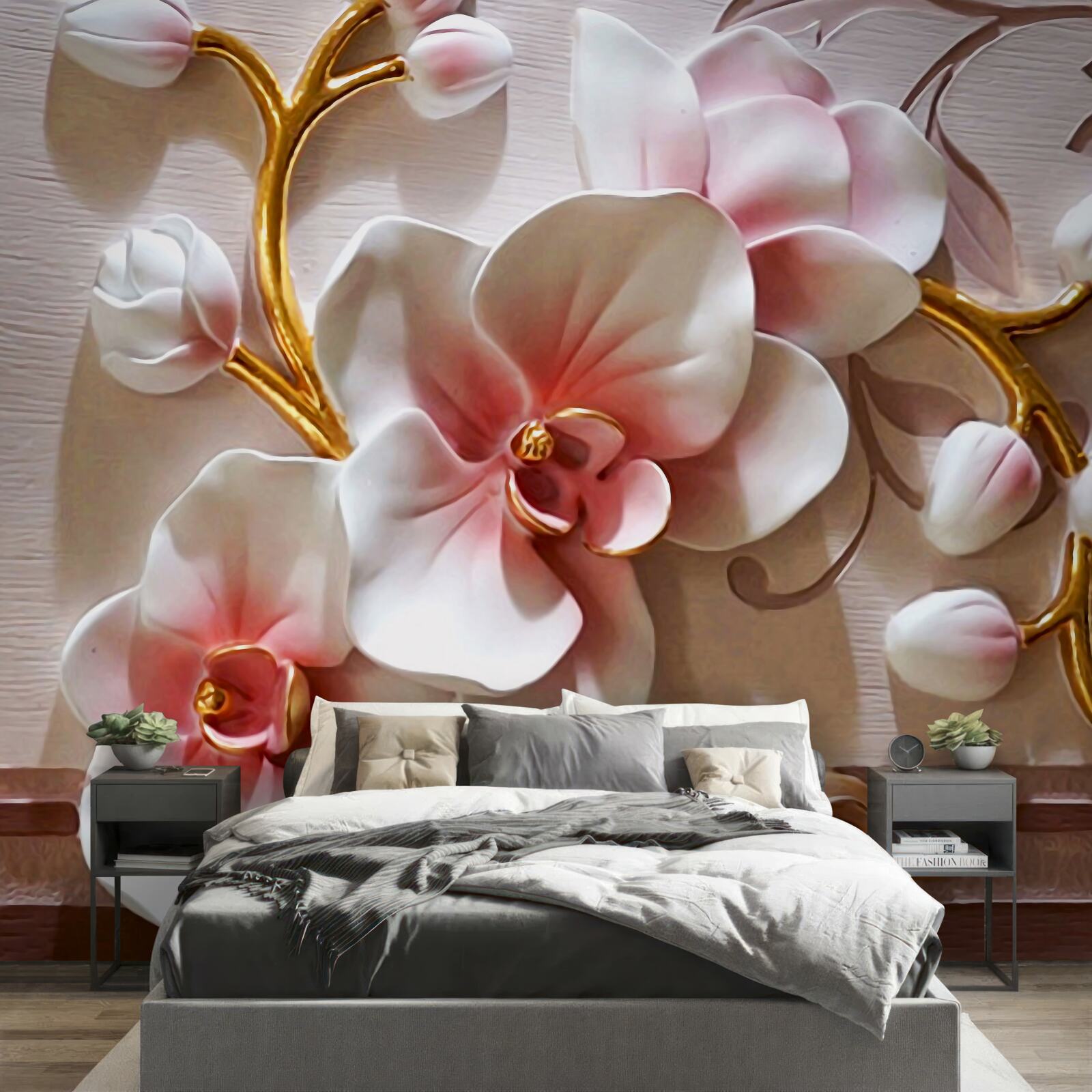 Фотошпалери квітучі величні орхідеї та нерозкриті бутони