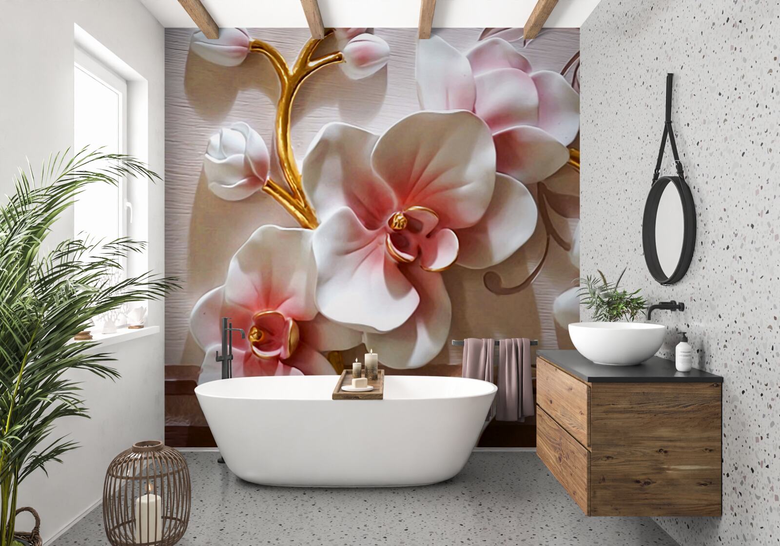 Фотошпалери квітучі величні орхідеї та нерозкриті бутони