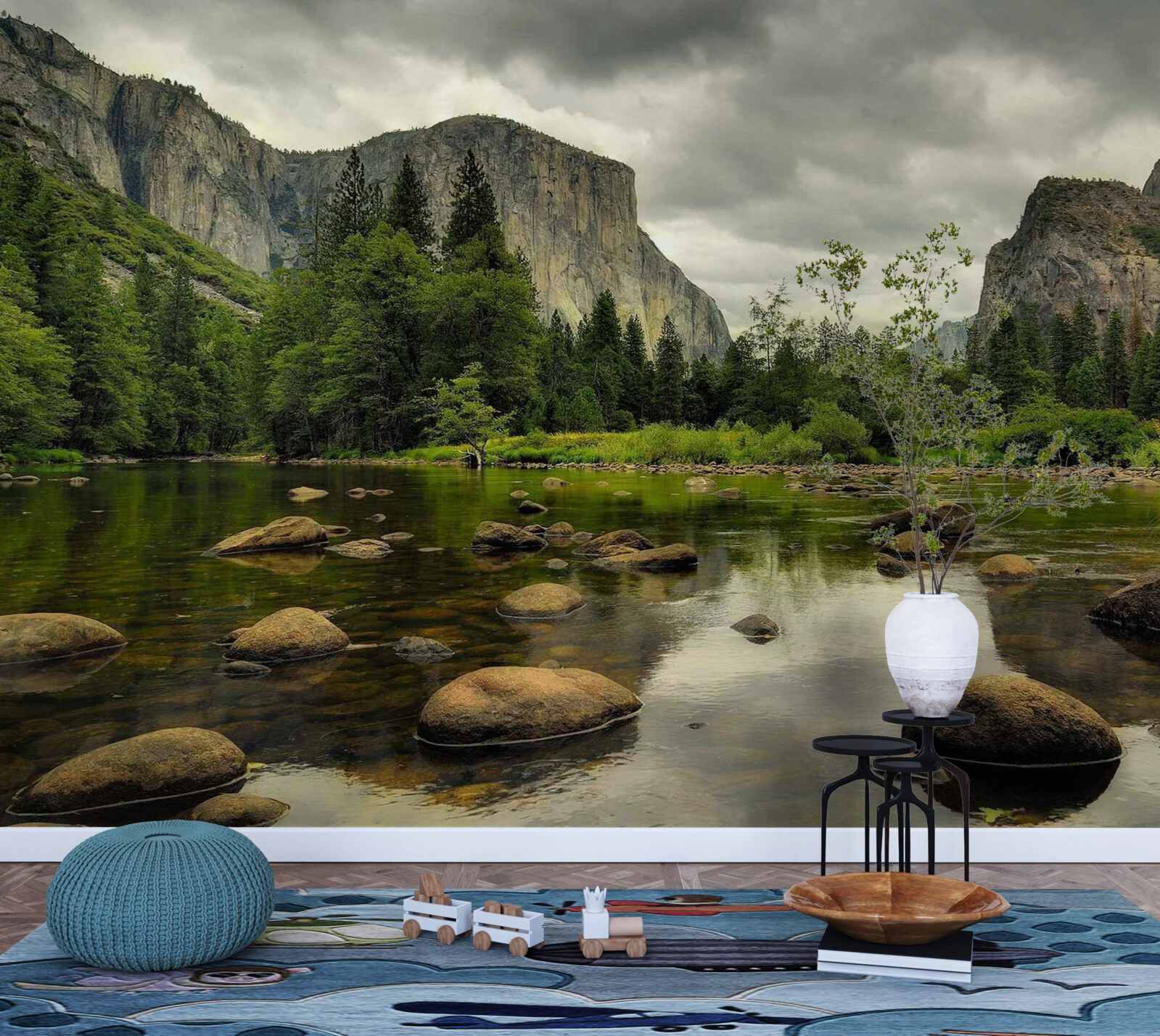 Фотошпалери похмурий день біля річки в горах