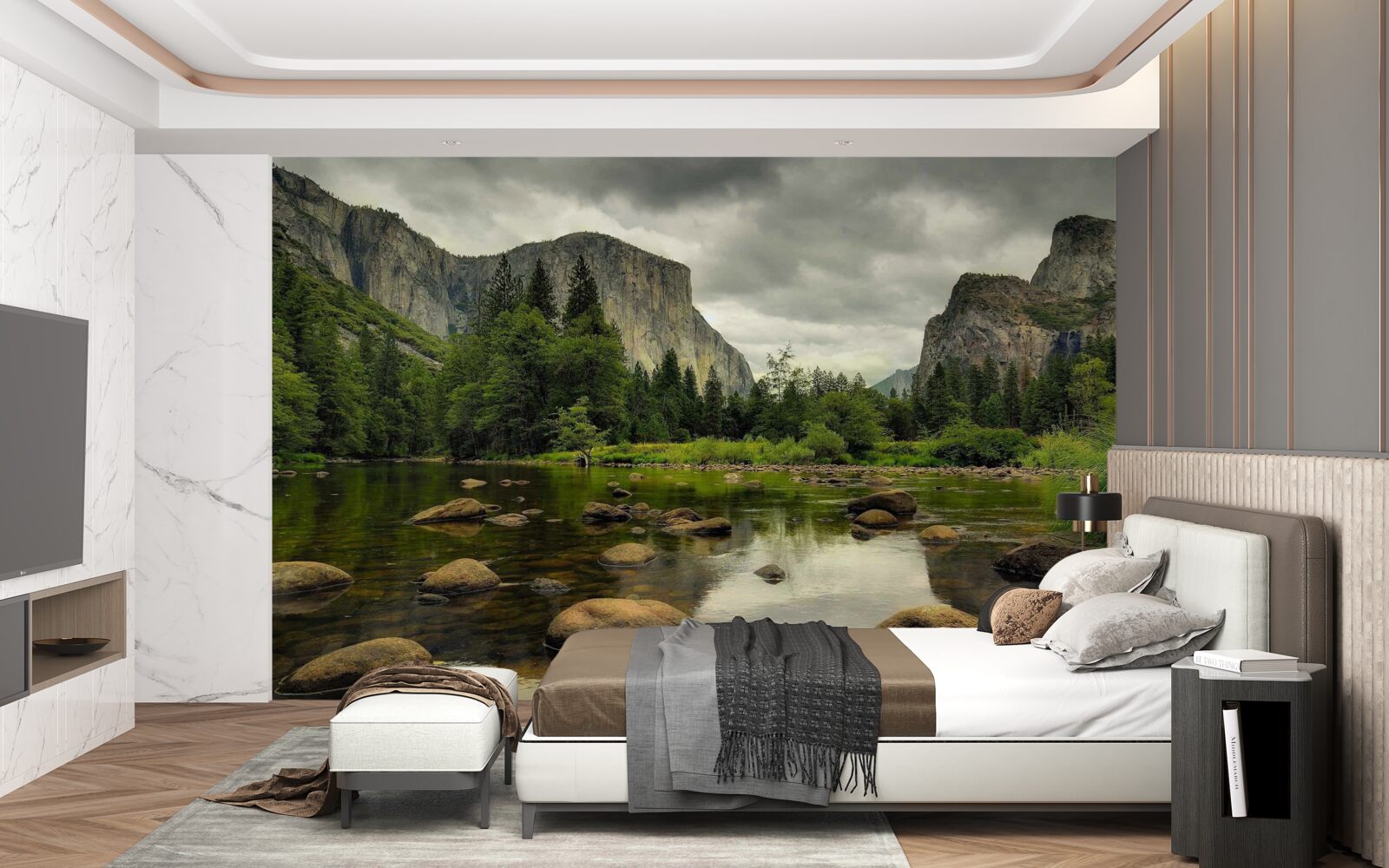 Фотошпалери похмурий день біля річки в горах