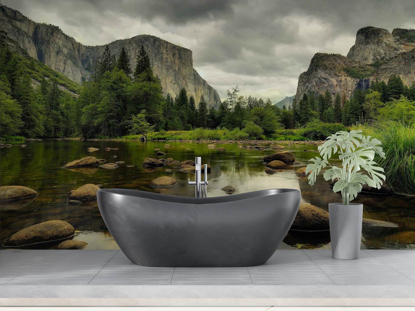 Фотошпалери похмурий день біля річки в горах