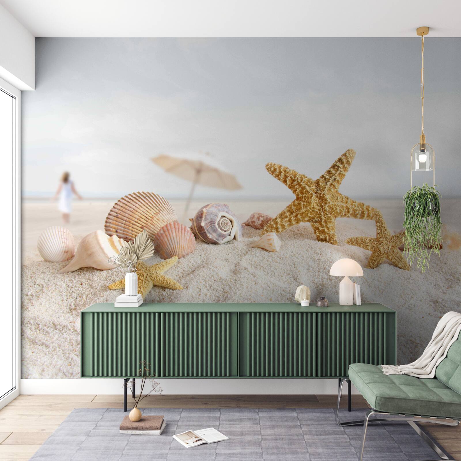 Фотошпалери морські зірки та мушлі лежать на піску