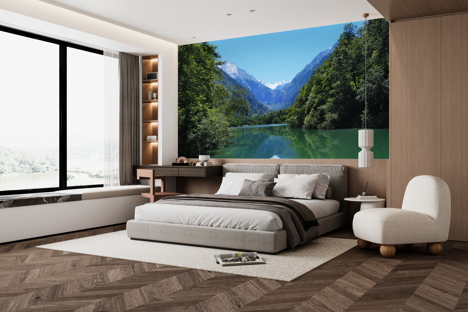 Фотошпалери тиха водойма, захована в густому лісі на схилах гір