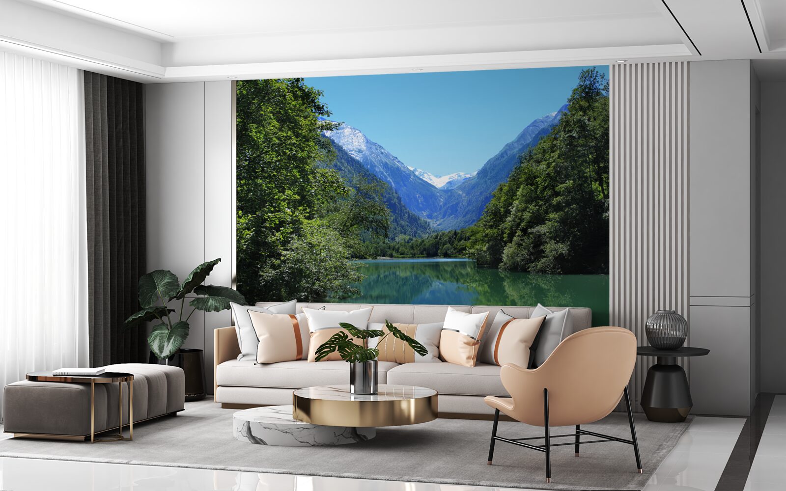 Фотошпалери тиха водойма, захована в густому лісі на схилах гір