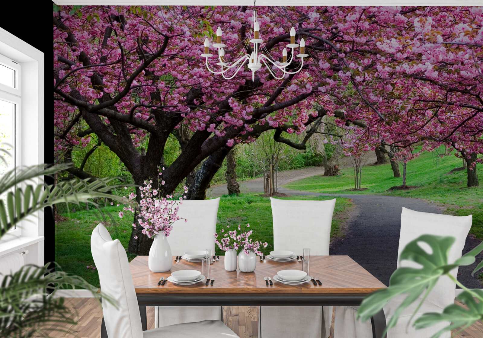 Фотошпалери алея в парку, всипана квітами