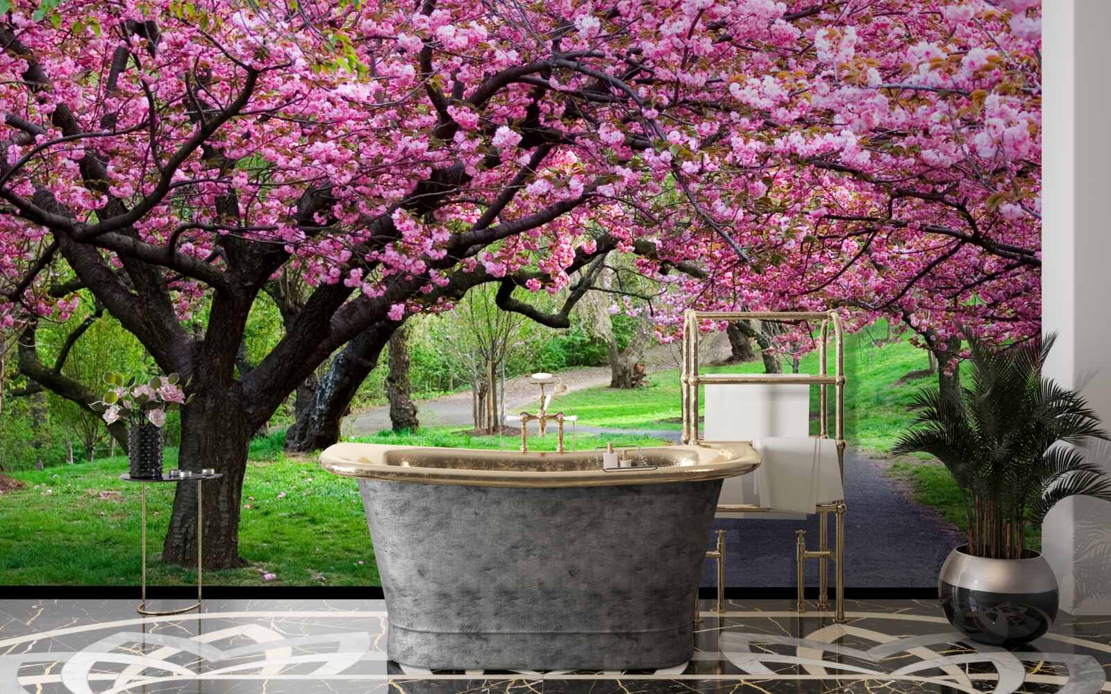 Фотошпалери алея в парку, всипана квітами