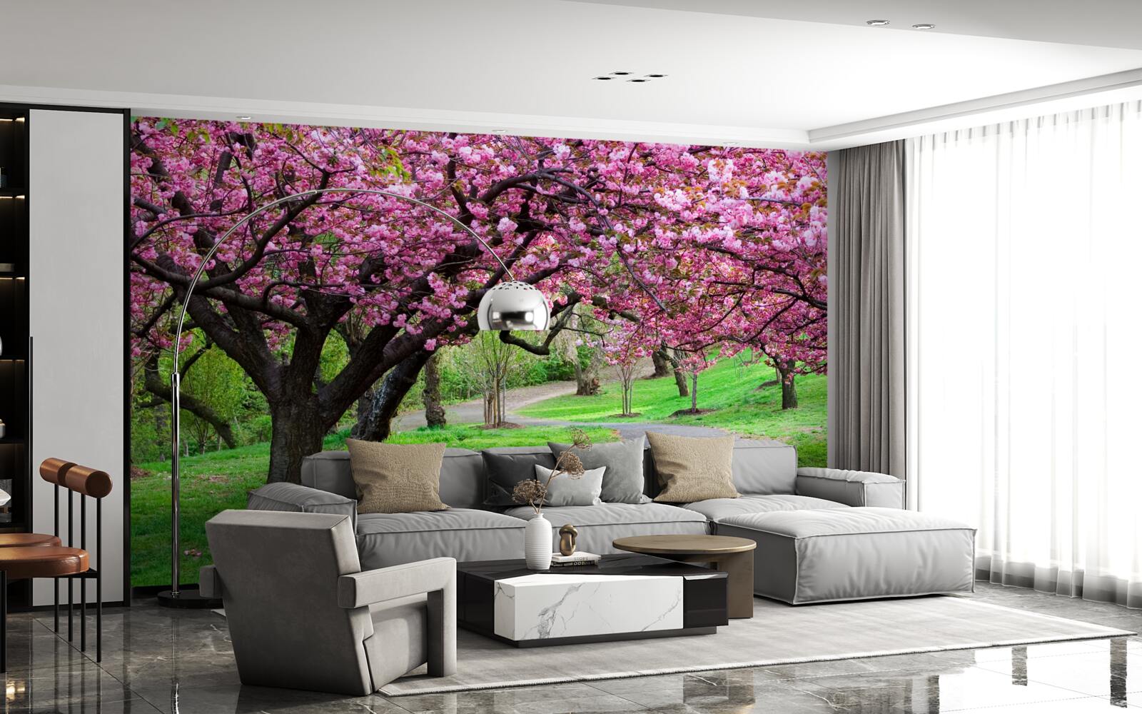 Фотошпалери алея в парку, всипана квітами