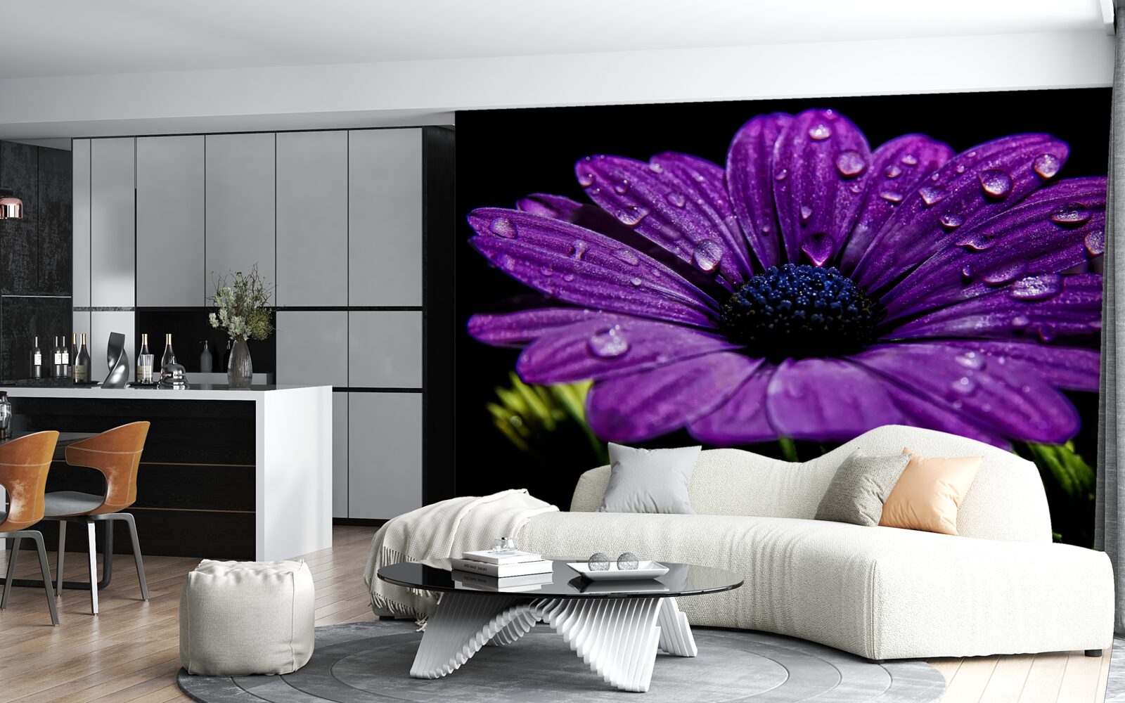 Фотошпалери краплі води на фіолетовій квітці гербери