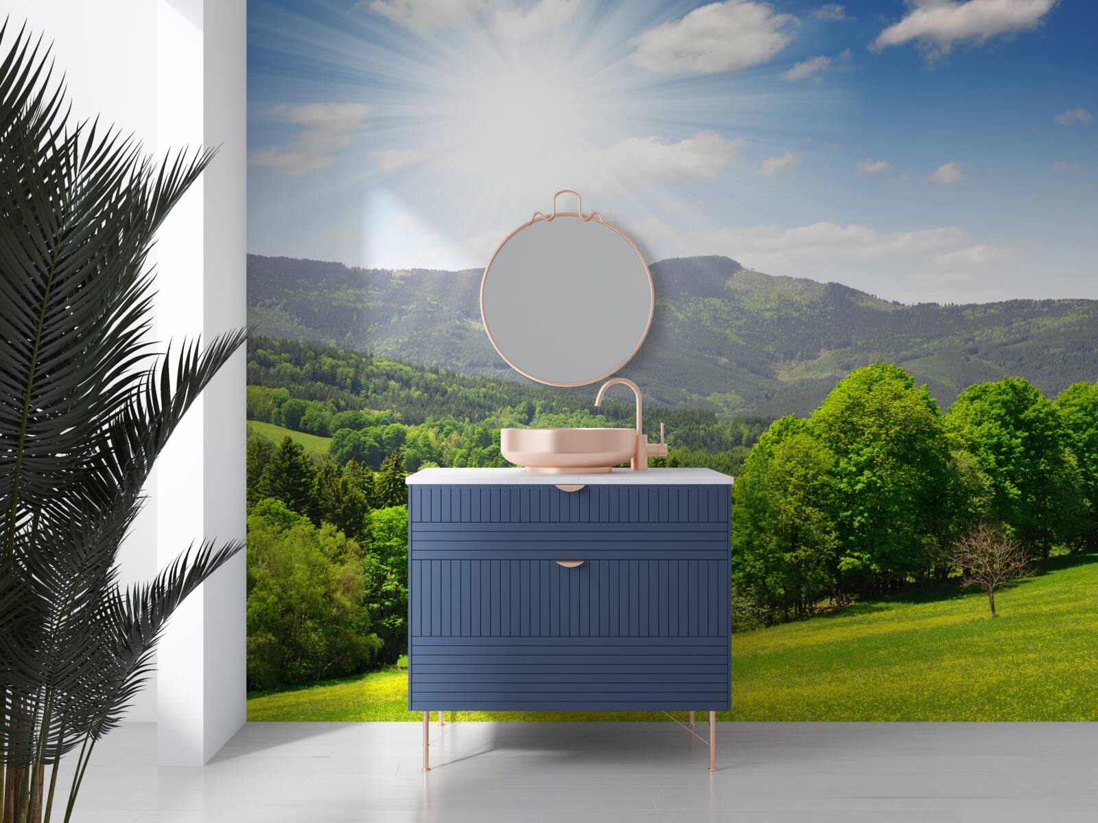 Фотошпалери сонце в найвищій точці над зеленим лугом