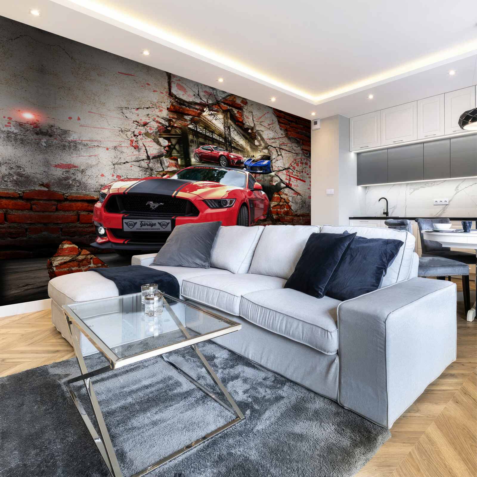 Фотошпалери червоний мустанг на стіні