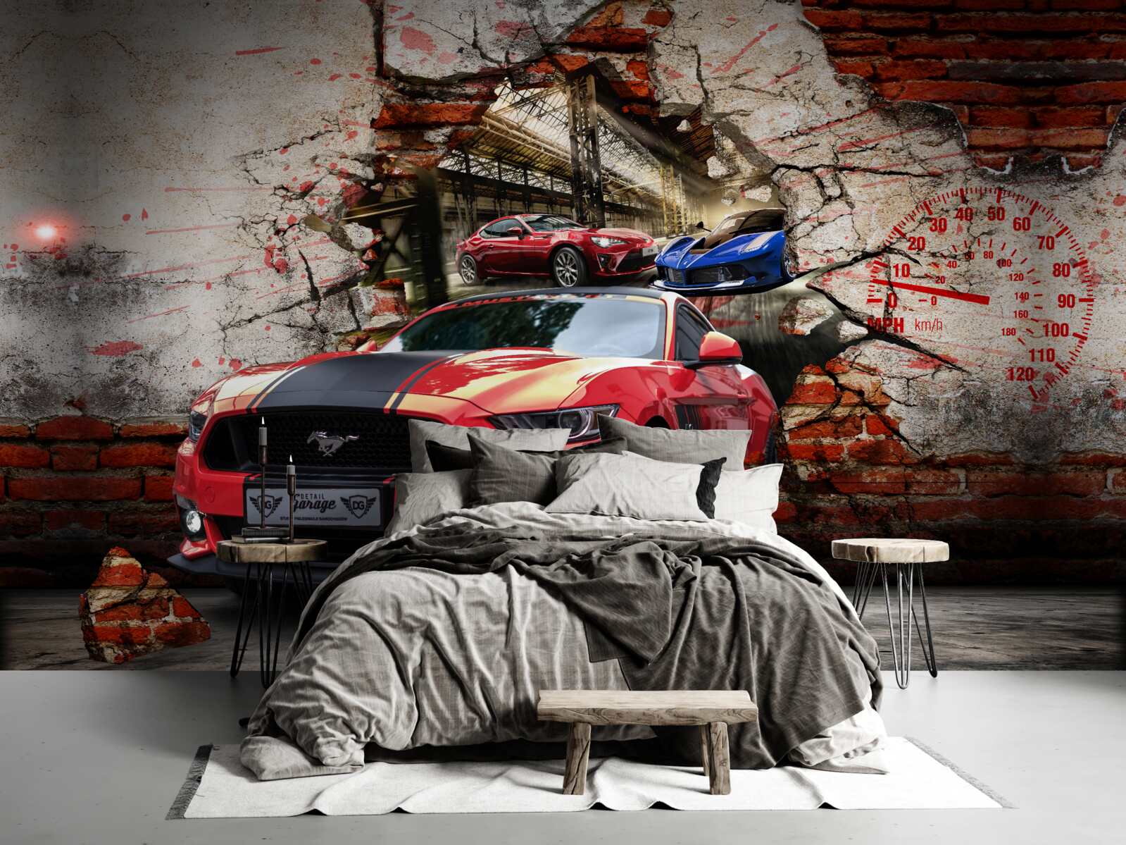 Фотошпалери червоний мустанг на стіні