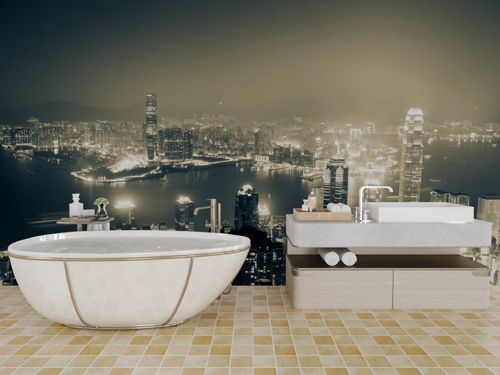 Фотошпалери панорамний нічний вид на гонконг