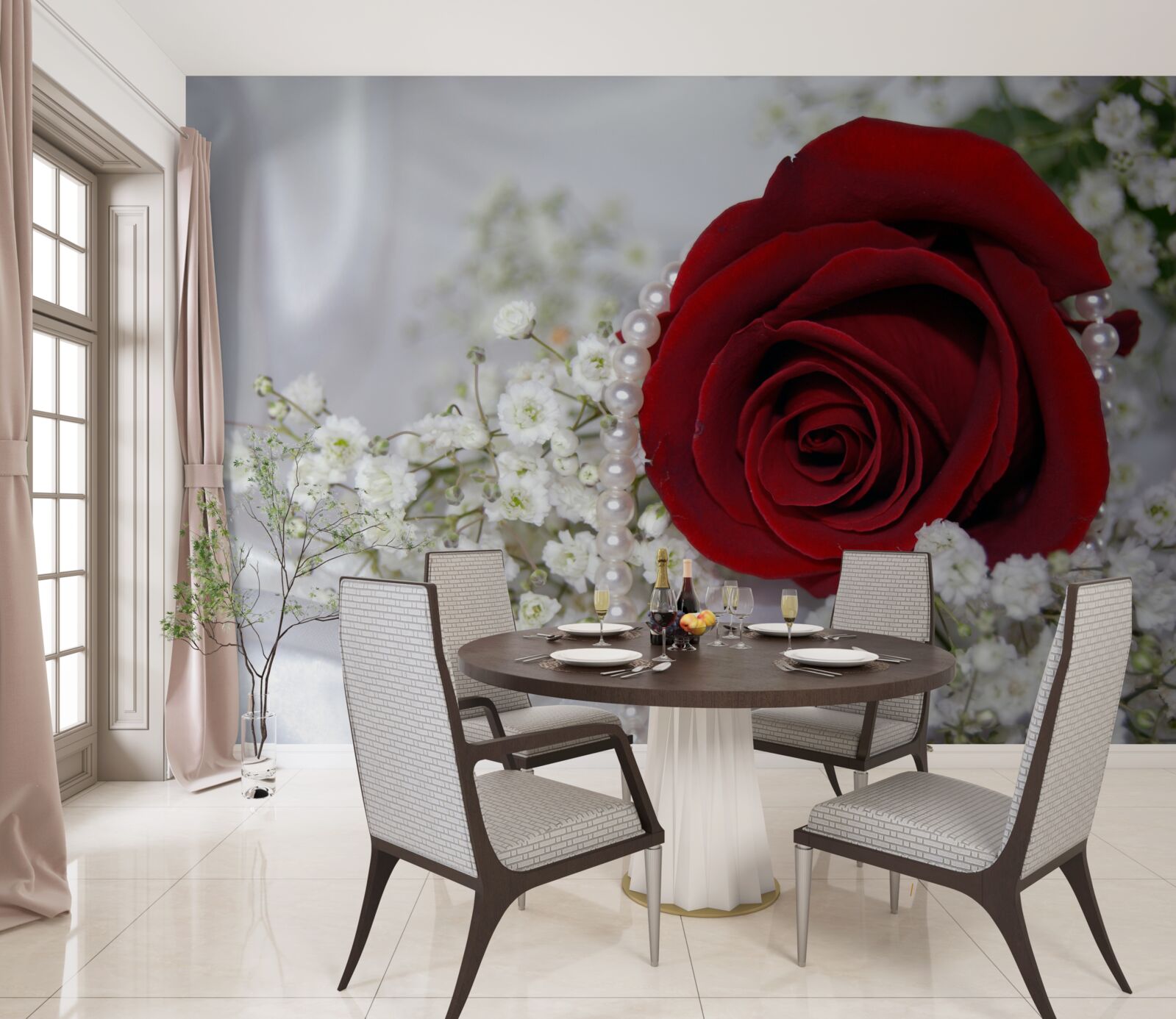 Фотошпалери на шовку ромашка оточена червоною трояндою