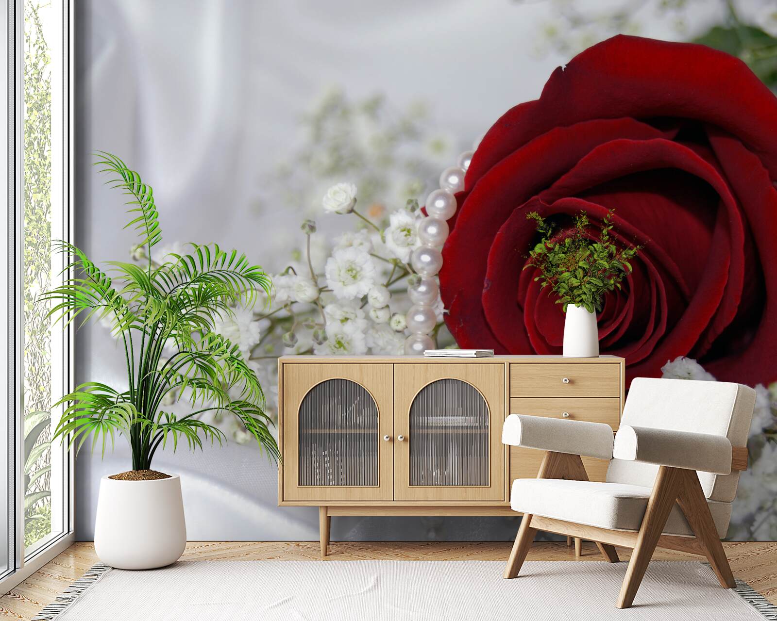 Фотошпалери на шовку ромашка оточена червоною трояндою