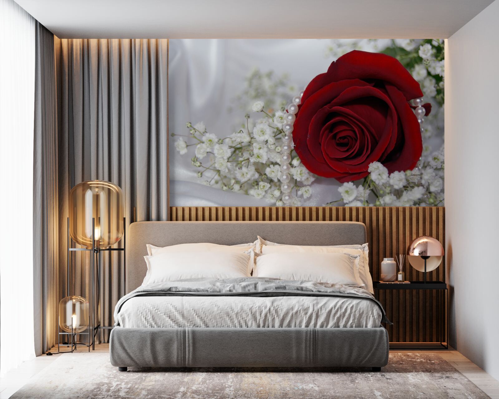 Фотошпалери на шовку ромашка оточена червоною трояндою