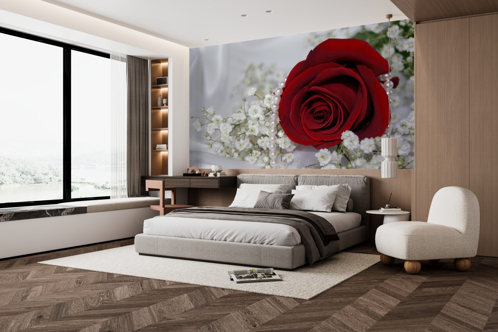 Фотошпалери на шовку ромашка оточена червоною трояндою