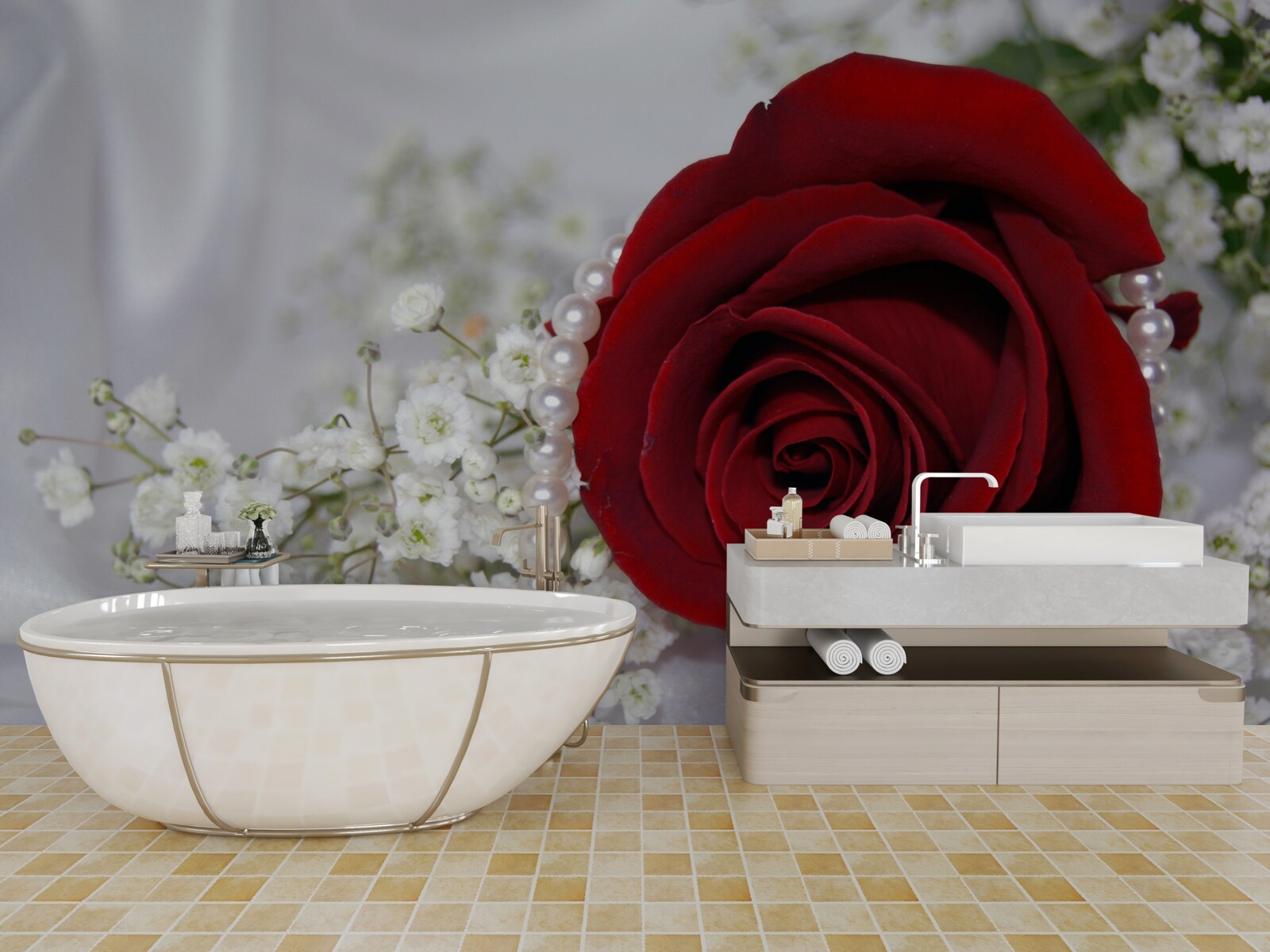 Фотошпалери на шовку ромашка оточена червоною трояндою