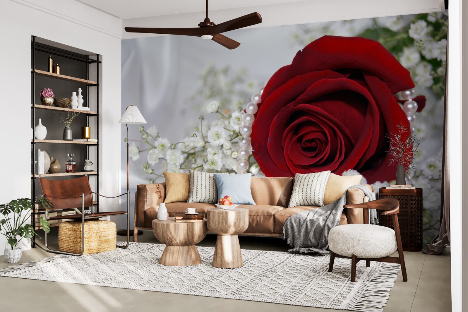 Фотошпалери на шовку ромашка оточена червоною трояндою