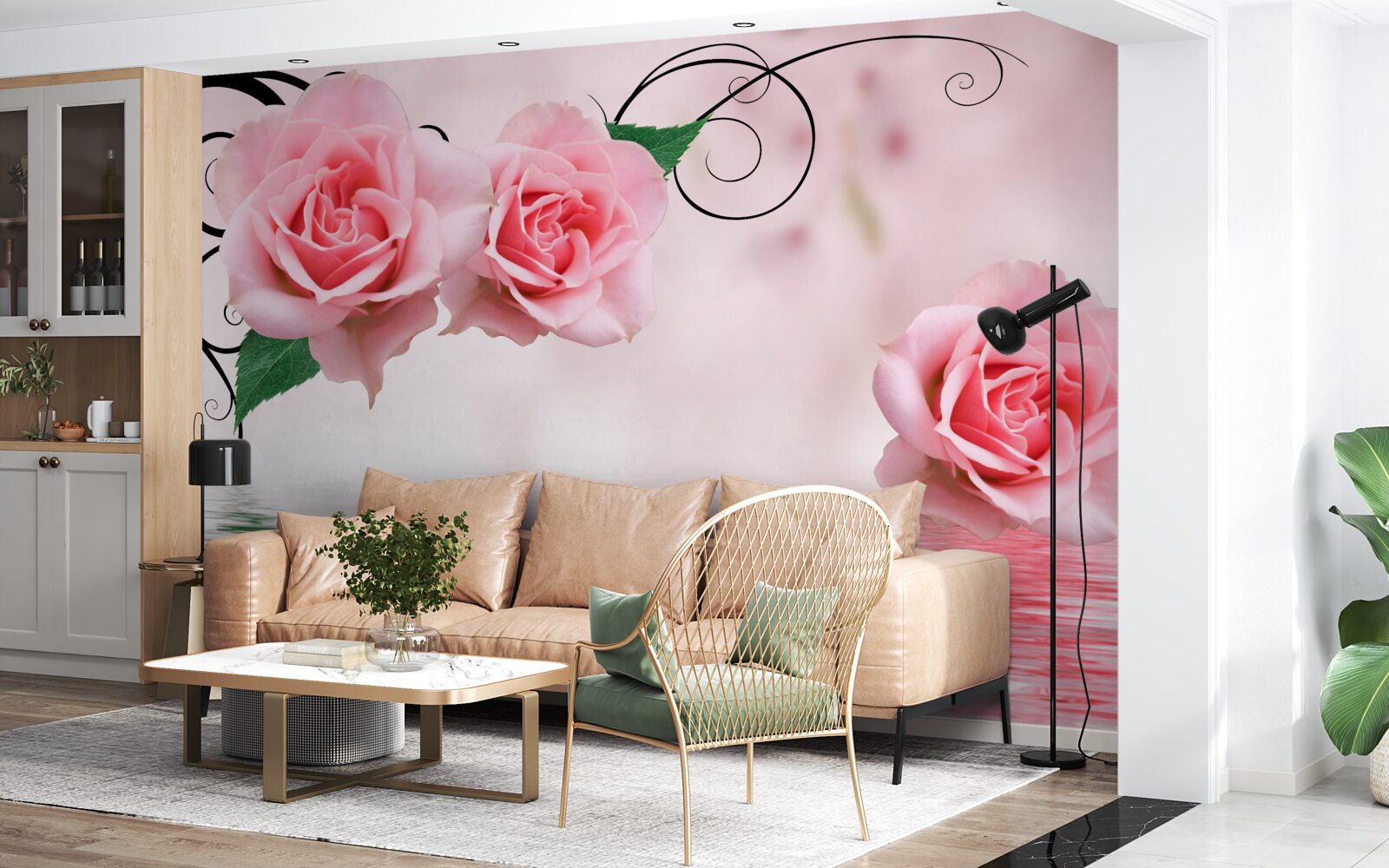 Фотошпалери відображення рожевої троянди у воді