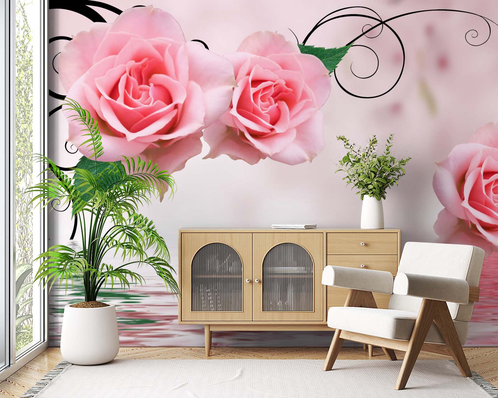 Фотошпалери відображення рожевої троянди у воді