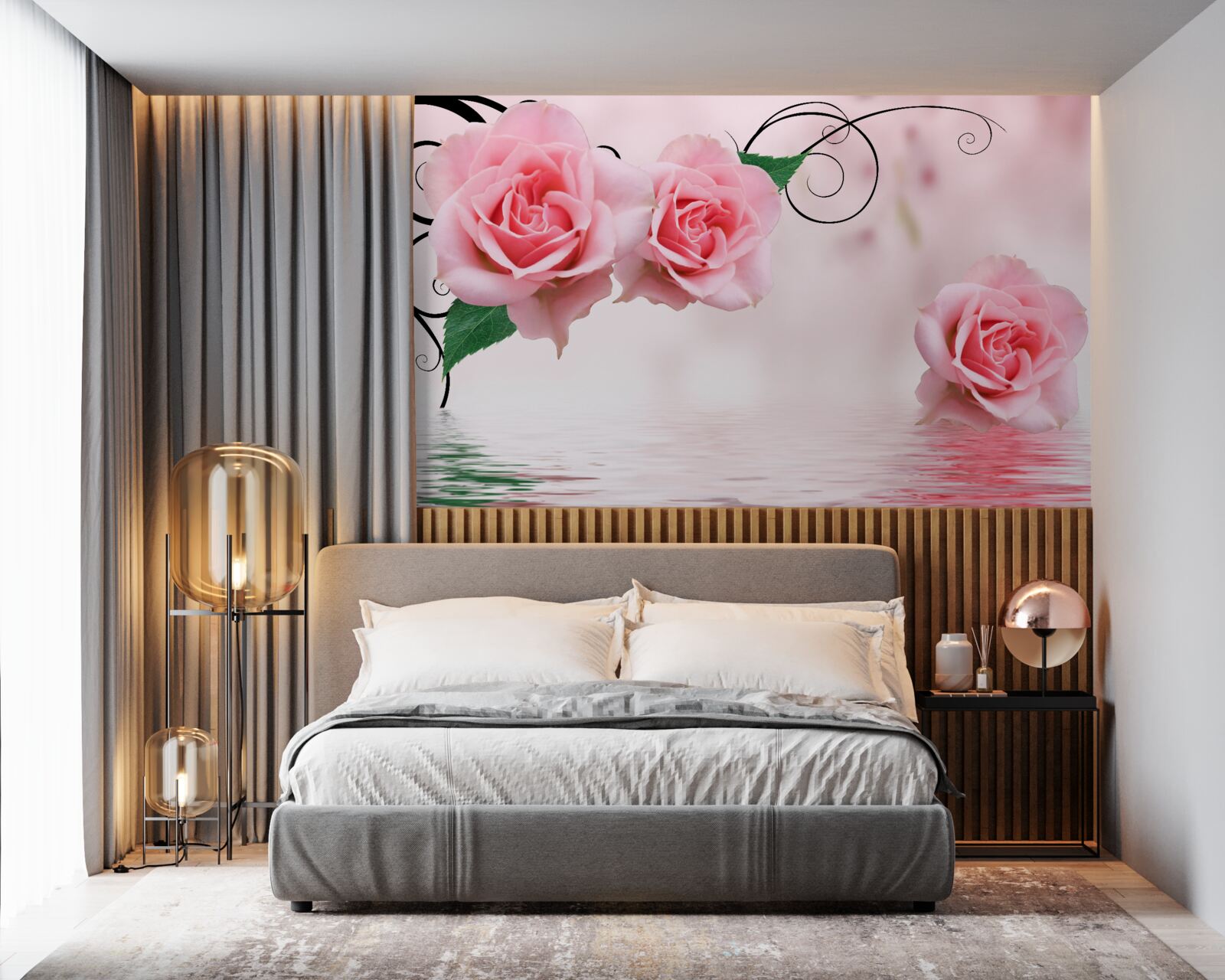 Фотошпалери відображення рожевої троянди у воді