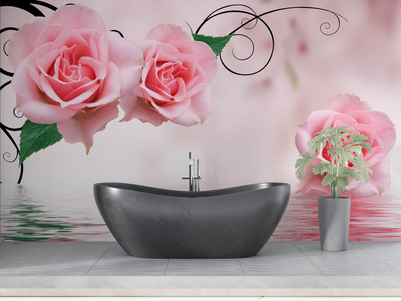 Фотошпалери відображення рожевої троянди у воді