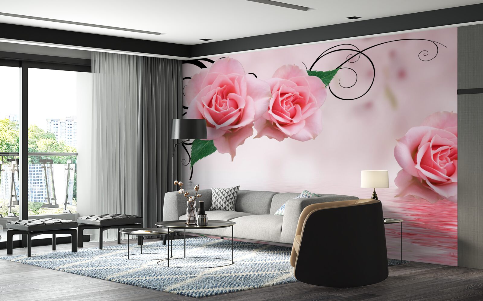 Фотошпалери відображення рожевої троянди у воді