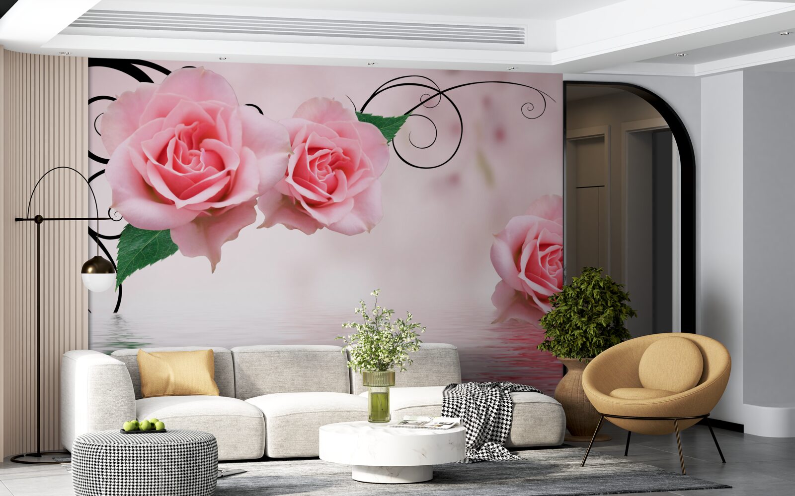 Фотошпалери відображення рожевої троянди у воді