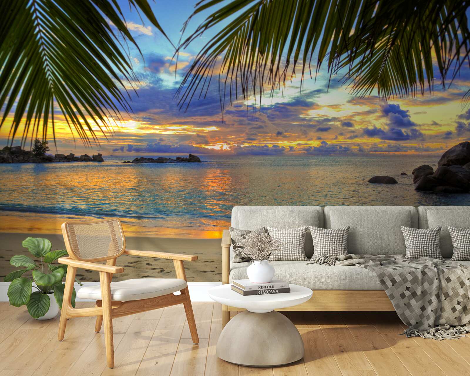 Фотошпалери берег оточений спокійним тропічним заходом сонця