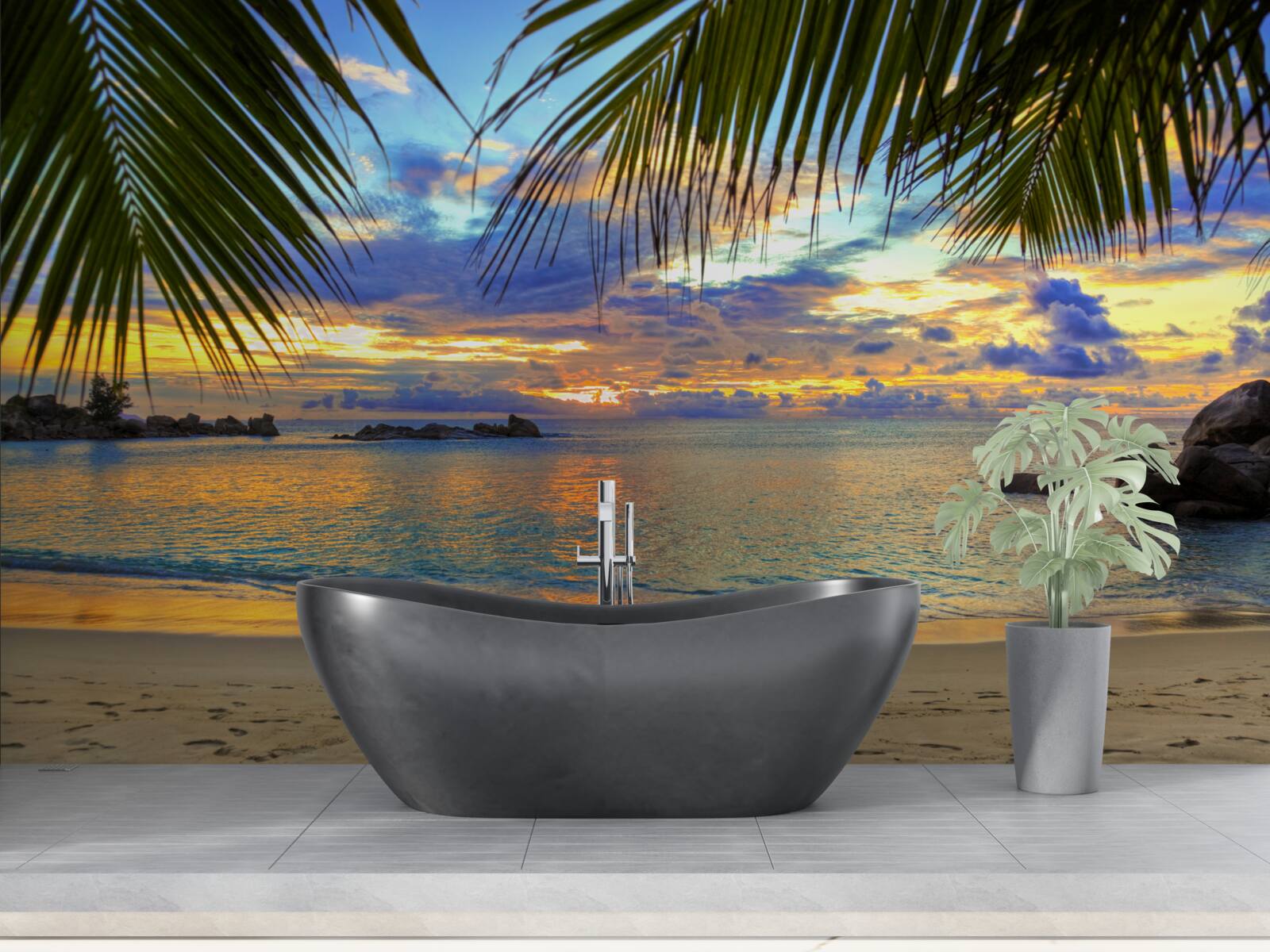 Фотошпалери берег оточений спокійним тропічним заходом сонця