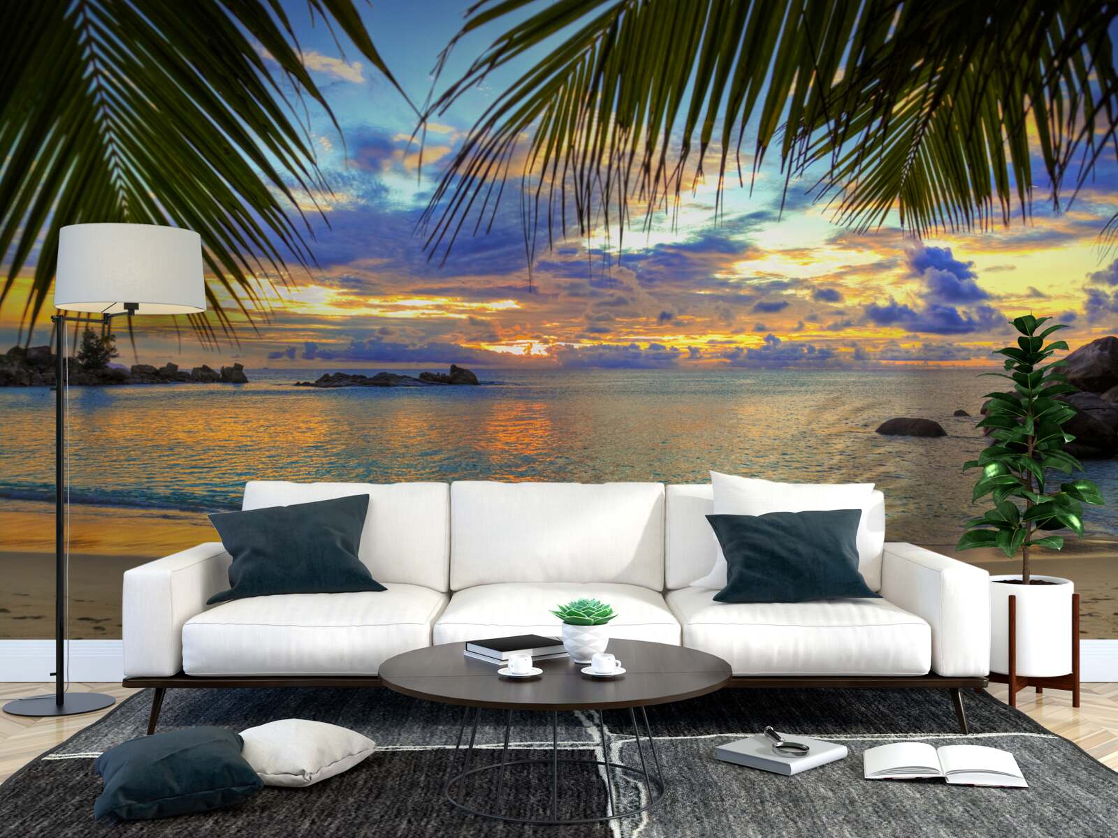 Фотошпалери берег оточений спокійним тропічним заходом сонця