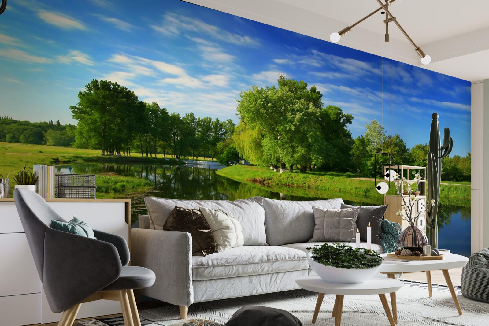 Фотошпалери річка оточена деревами