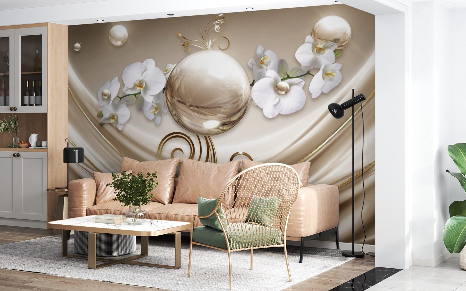 Фотошпалери куля з золотистих і білосніжних орхідей