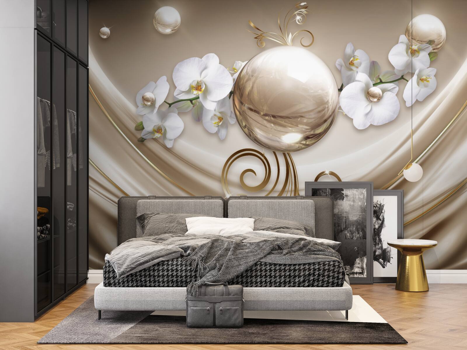 Фотошпалери куля з золотистих і білосніжних орхідей