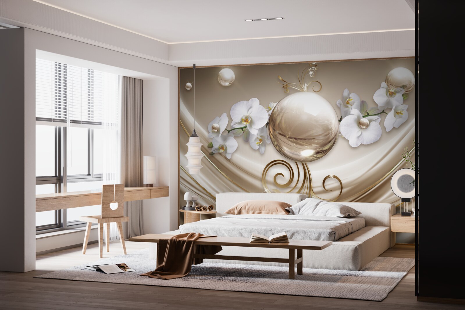 Фотошпалери куля з золотистих і білосніжних орхідей