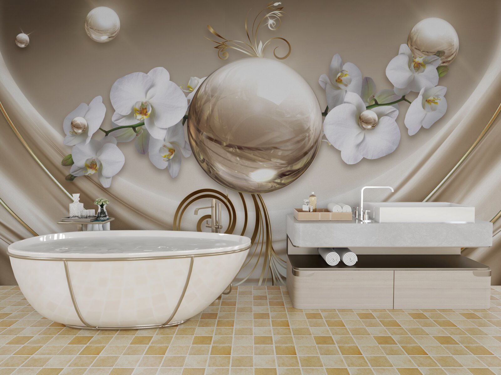 Фотошпалери куля з золотистих і білосніжних орхідей