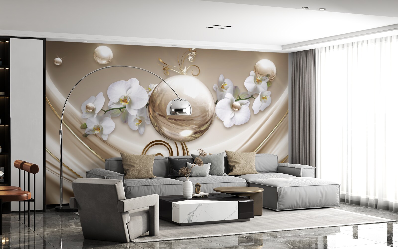 Фотошпалери куля з золотистих і білосніжних орхідей