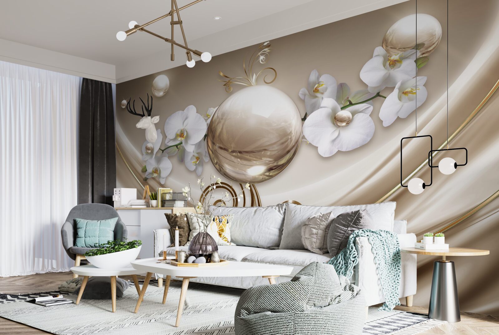 Фотошпалери куля з золотистих і білосніжних орхідей