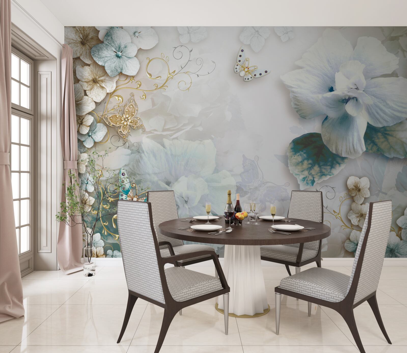 Фотошпалери метелики та квіти в бірюзових відтінках