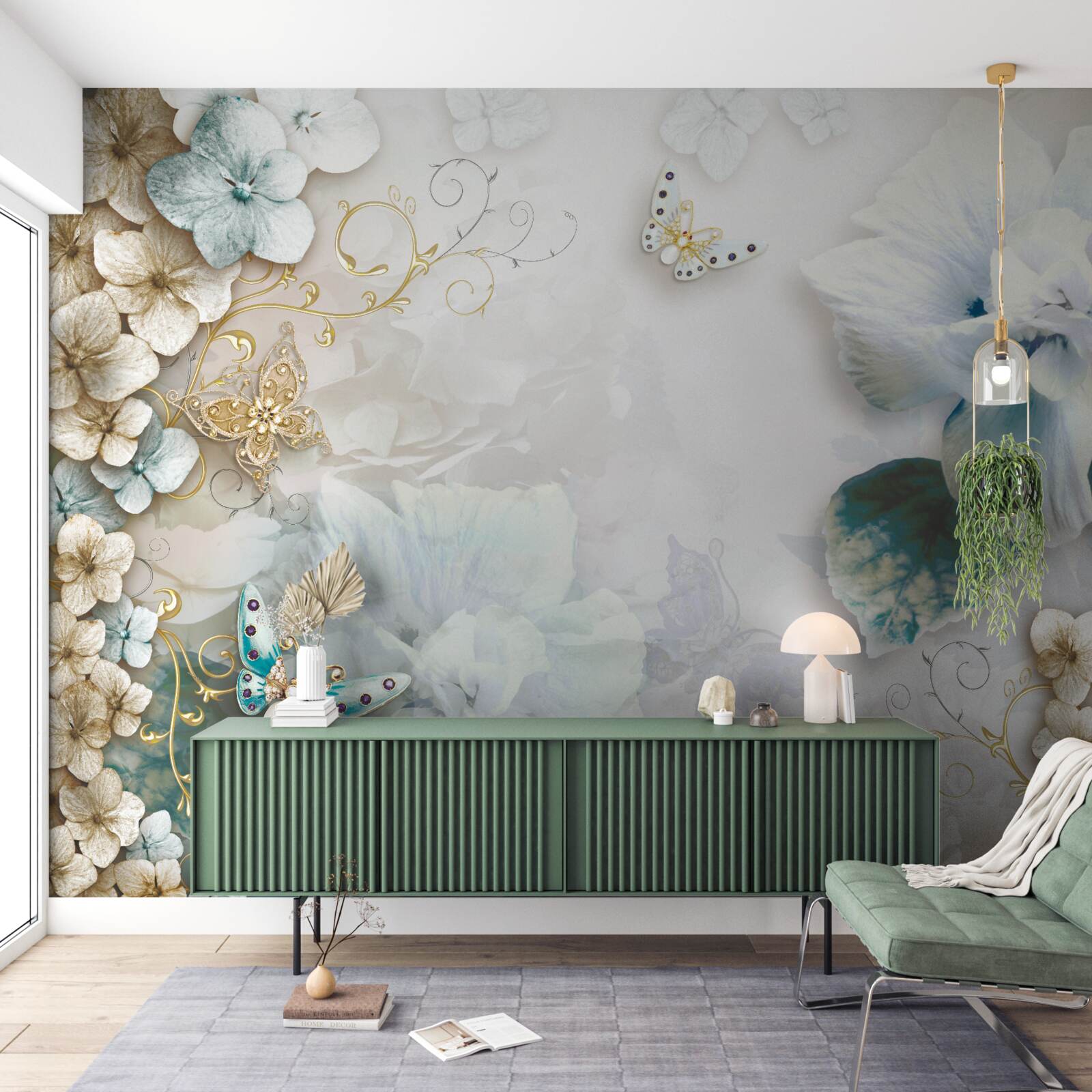 Фотошпалери метелики та квіти в бірюзових відтінках