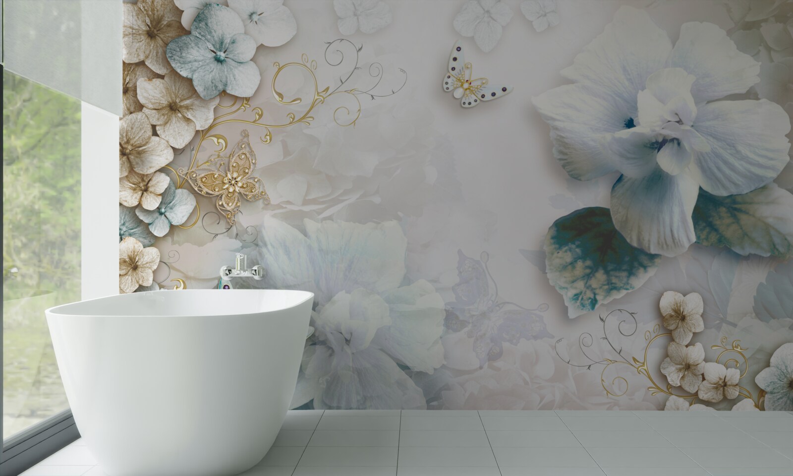 Фотошпалери метелики та квіти в бірюзових відтінках