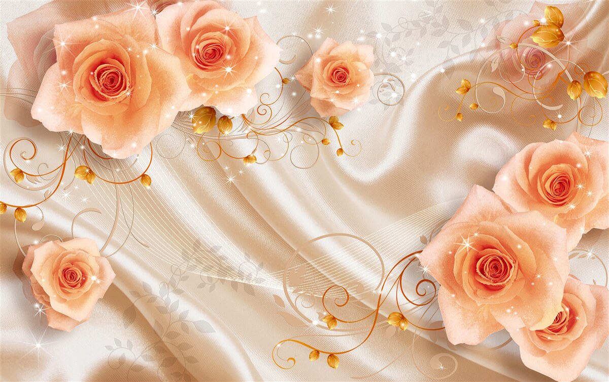 Фотошпалери помаранчеві троянди на шовковому атласі