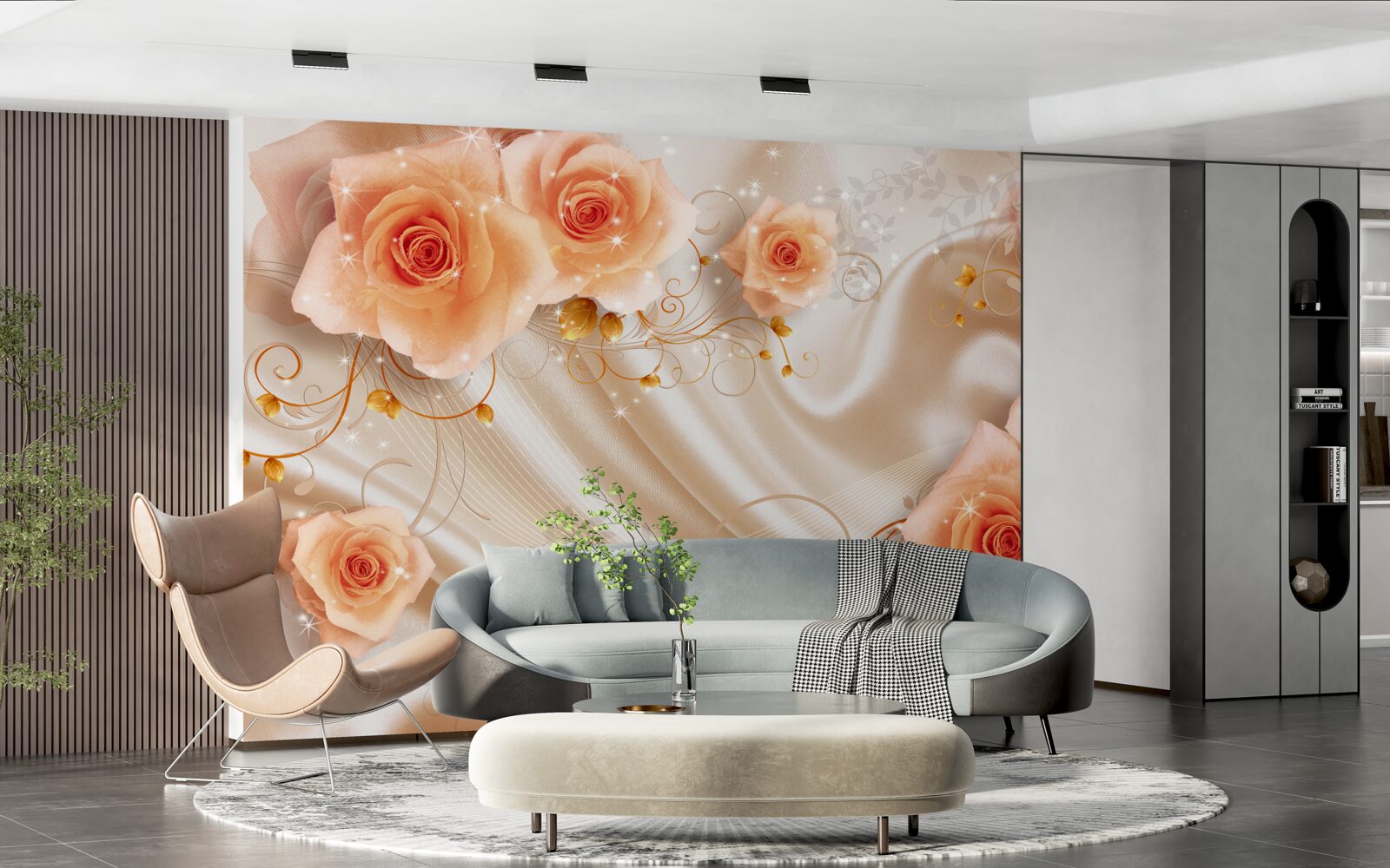 Фотошпалери помаранчеві троянди на шовковому атласі